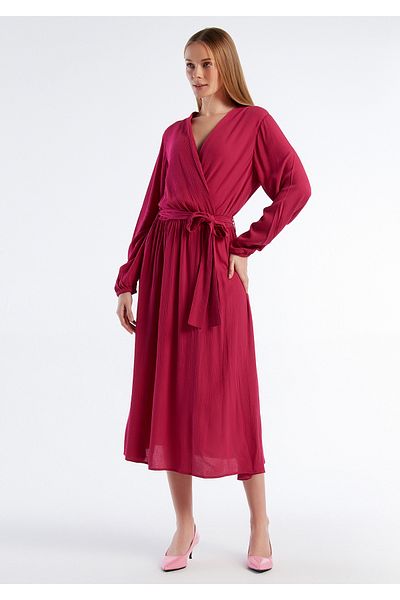 United Colors of Benetton Women's Fuchsia 100% Viscous Waist Belted Long Sleeve Double Breasted Dress