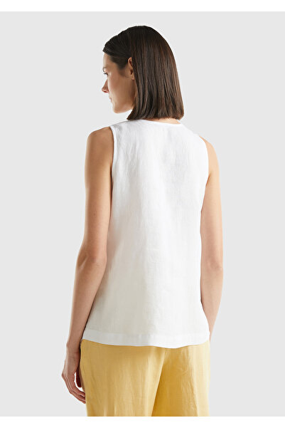 United Colors of Benetton Bluză albă, 100% in, cu decolteu în V, fără mâneci, cu croiala largă