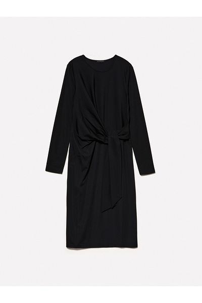 Sisley Rochie cu mânecă lungă, neagră, cu amestec vâscos, cu noduri în față