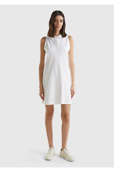 United Colors of Benetton Women's White Cotton Blended Chest Logo Embroidered Buttoned Polo Collar Dress