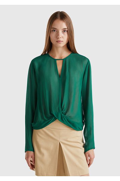 United Colors of Benetton Women's Dark Green 100% Viscous Hem Drawstring Detail Long Sleeve V Neck Blouse