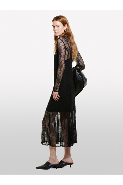Sisley Women's Black Tulle Lace Embroidered Round Neck Long Sleeve Dress