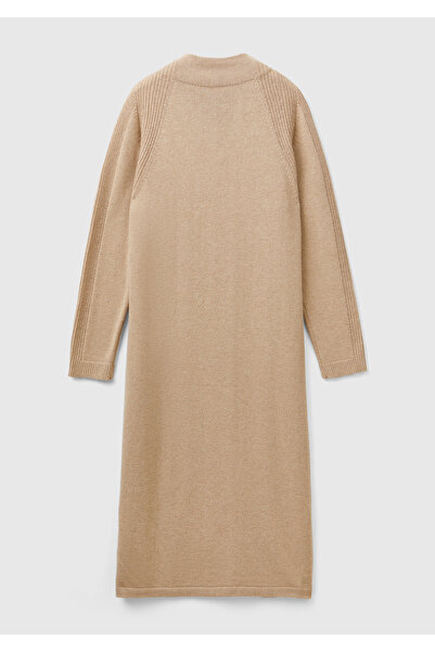 United Colors of Benetton Kadın Bej Yün ve Kaşmir Karışımlı Uzun Dik Yaka Elbise