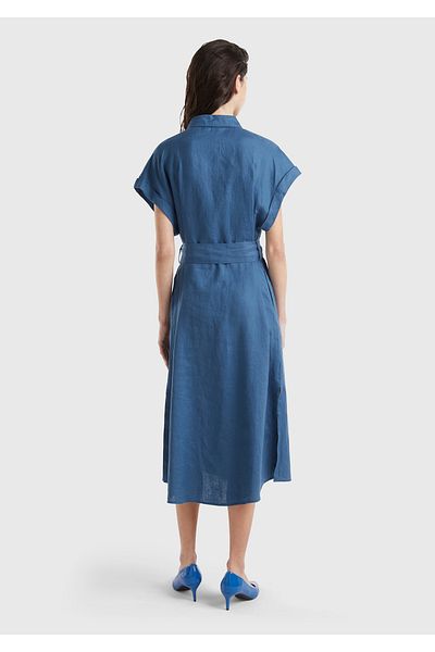 United Colors of Benetton Women's Mid-Night Blue 100% Linen Button Front Closure Waist Belted Midi Dress