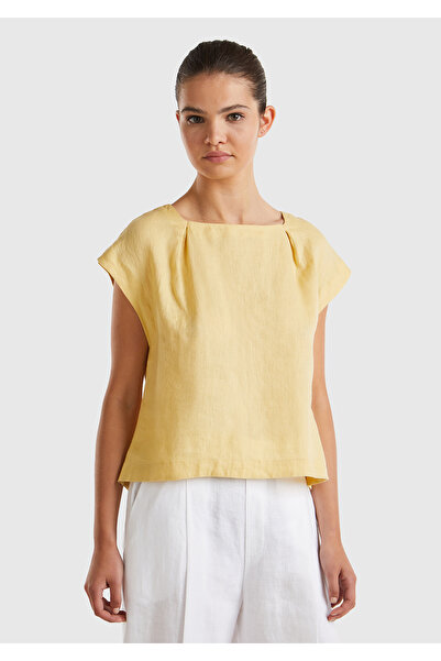United Colors of Benetton Γυναικεία ανοιχτόχρωμη κίτρινη μπλούζα από 100% λιν...