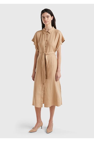 United Colors of Benetton Women's Tan 100% Linen Button Front Closure Waist Belted Midi Dress