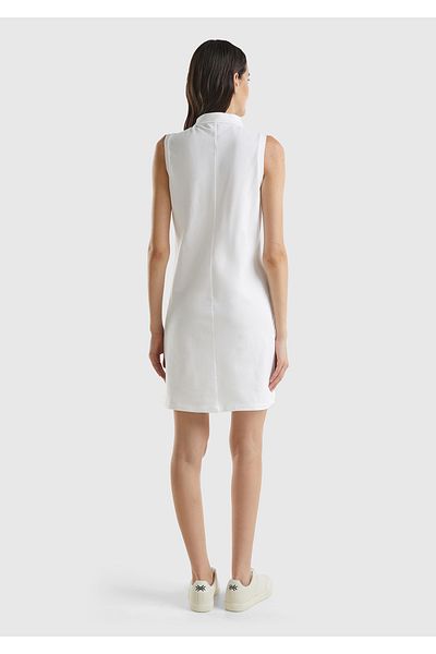 United Colors of Benetton Women's White Cotton Blended Chest Logo Embroidered Buttoned Polo Collar Dress