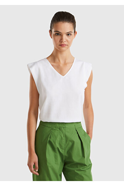 United Colors of Benetton Bluză albă cu decolteu în V, în amestec de in și liniu, pentru femei