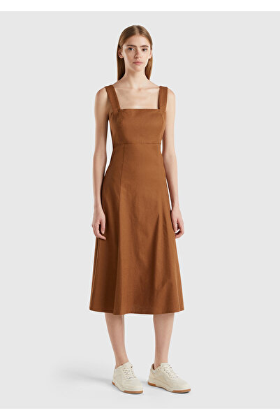 United Colors of Benetton Rochie de damă maro din in și bumbac, cu bretele gr...