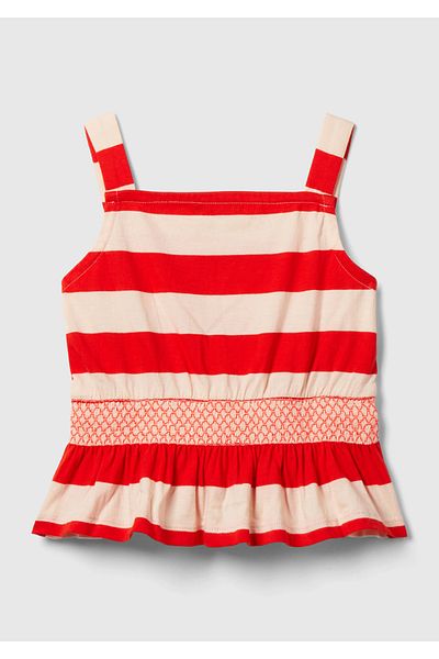 United Colors of Benetton Girl's Red-Cream Front Logo Embroidered Drawstring Waist Embroidery Detailed Zero Sleeve Blouse