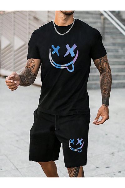 Frisson Men's 2-Piece Oversize Basic Beast Fashion Printed Cotton Tongue Out Smiling Face T-Shirt and Shorts Set