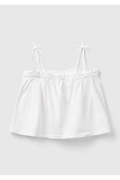 United Colors of Benetton Girl's White Front Logo Embroidered Bow Detailed Thin Strap Blouse
