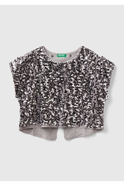 United Colors of Benetton Girl's Gray Mix All Patterned Crew Neck Blouse with Cross Detail on the Back