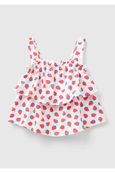 United Colors of Benetton Момичешка розово-бяла блуза с цялостен десен, набра...