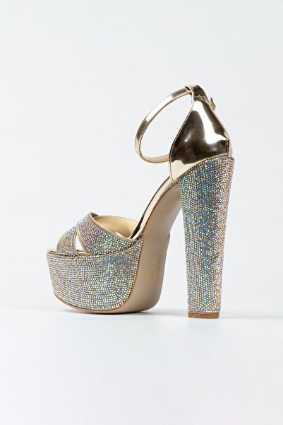 Genel Markalar Gold Ayna Janjan Taşlı Çapraz Model Klasik Topuklu Platformlu Kadın Abiye Ayakkabı 5054e