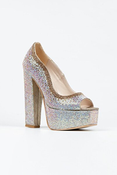 Mimy Shoes Gold Sultan Çift Renk Taşlı Klasik Köşe Kalıplı Kalın Topuklu Kadın Abiye Ayakkabı 85004abd01e