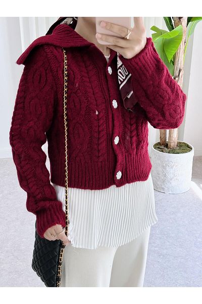 ASEL FASHİON Burgundy Thick Knitwear Cardigan - Knotted Knitted