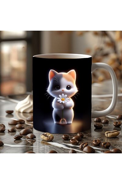 Evion Cute Animal Holding Daisy Themed 3D Design Ceramic Mug - Gift Mug