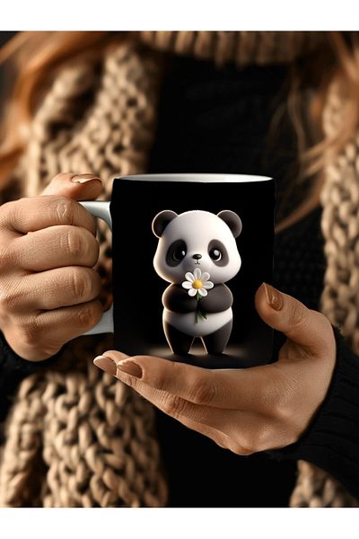 Evion Cute Animal Holding Daisy Themed 3D Design Ceramic Mug - Gift Mug