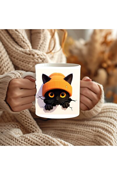 Evion Beret Cat Cracked Wall Themed 3D Design Ceramic Mug - Gift Mug