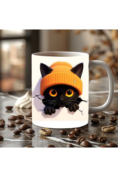 Evion Beret Cat Cracked Wall Themed 3D Design Ceramic Mug - Gift Mug