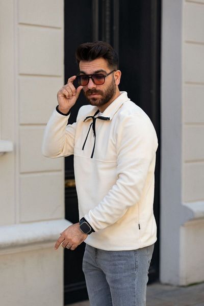 thekaplan Beige Men's Fleece Sweat with Polar Half Zipper Regular Fit Comfortable Fit Pocket Detail