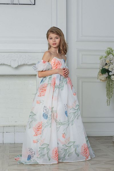 By Feyza Kids Collection Glass Organza Long Watermelon Sleeve Evening Dress for Girls - Graduation Dress