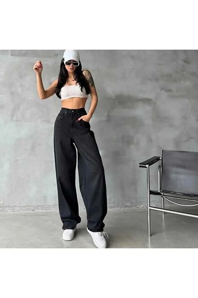 RockMore Black Baggy Buckle Detail Palazo Jeans