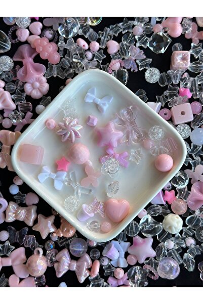 Bijumix Aksesuar 40 Adet Karışık Figürlü Plastik Boncuk pembe şeffaf