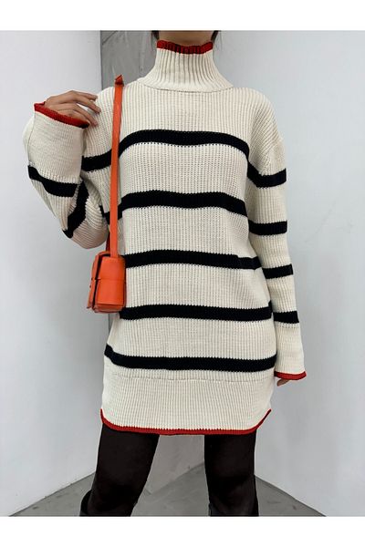 Modamorfo Stone-Colored Half-Necked Formal Patterned Knitwear Tunic