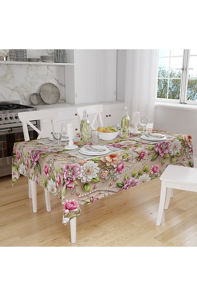 Else Dekor Floral Pearl Patterned Digital Printed Stain Resistant Carefree Fabric Table Cloth Tableware Cloth