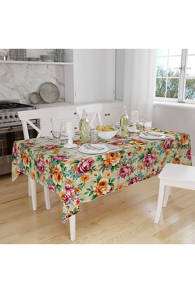 Else Dekor Yellow Pink Floral Patterned Digital Printed Stain Resistant Care-Free Fabric Tablecloth