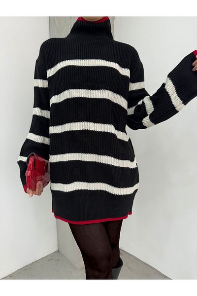 Modamorfo Half Throat Formal Pattern Knitwear Tunic -Black