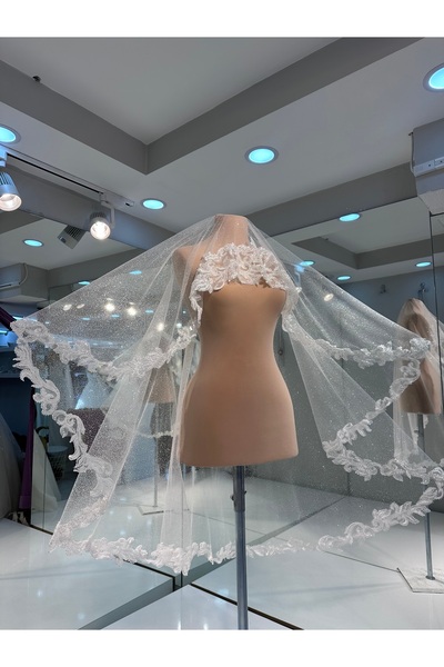 sanem moda طرحة زفاف لامعة - حجاب دانتيل بحافة لامعة - حجاب زفاف