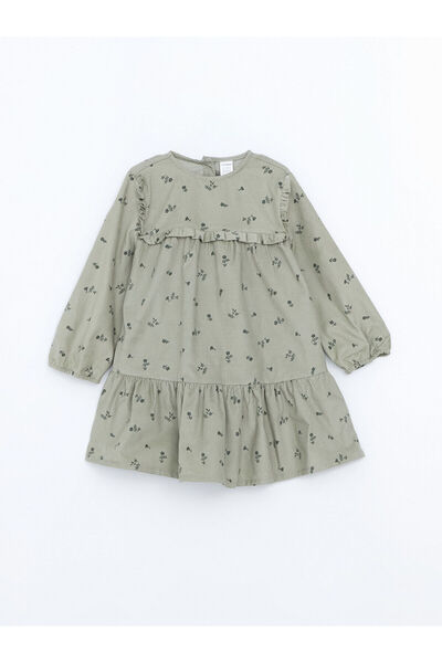 LC Waikiki Yeşil Bisiklet Yaka Kız Bebek Çiçekli Kadife Elbise