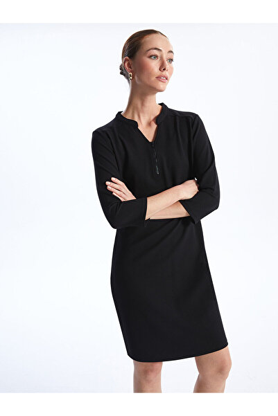 LC Waikiki Μαύρο γυναικείο βραδινό φόρεμα με μακρύ μανίκι με λαιμόκοψη