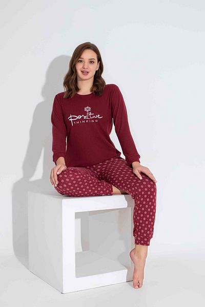 Tarık Set de pijamale de iarnă din țesătură termică cu mânecă lungă cu model pentru femei