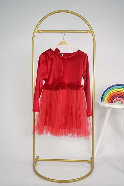 MİNİKO KİDS Girl's Christmas Themed Skirt Tule Lined Buckle Velvet Long Sleeve Dress