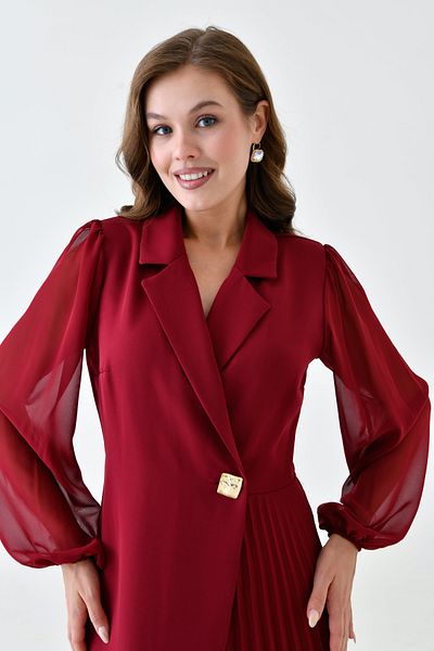 bayansepeti Women's Double Breasted Jacket Collar Skirt Pleated Tulle Detailed Long Sleeve Burgundy Evening Dress 24K2169