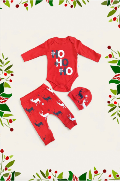 MASENKIDS YILBAŞI NOEL BASKILI BODY ŞAPKA ALT ÜST TAKIM ORGANİK UNİSEX BEBEK TAKIMI