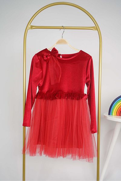 MİNİKO KİDS Girl's Christmas Themed Skirt Tule Lined Buckle Velvet Long Sleeve Dress