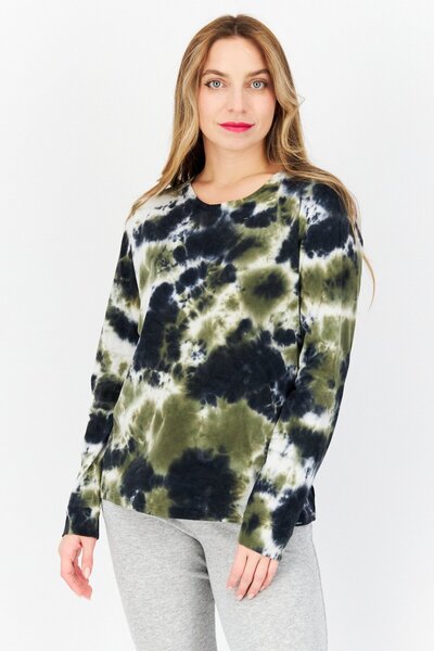 Marc New York Women Round Neck Long Sleeves Tie Dye Top, Olive Combo