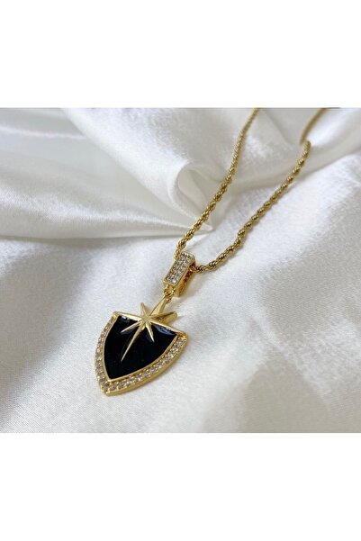 Manu Collection Kadın Gold Siyah Taşlı Burgu Şövalye Kolye Çelik