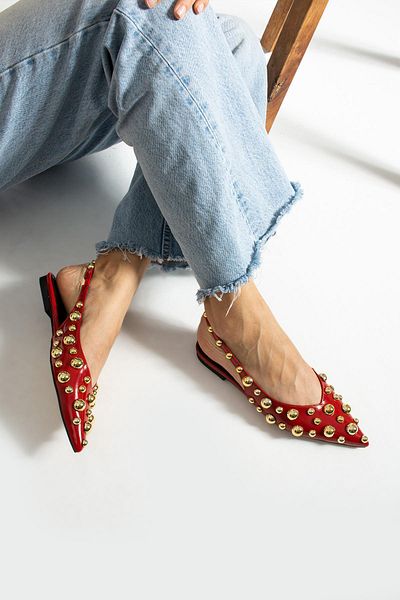 diclepolat Red Patent Leather Ballerinas - Gold Trop Detailed, Open Back Women's Rozi