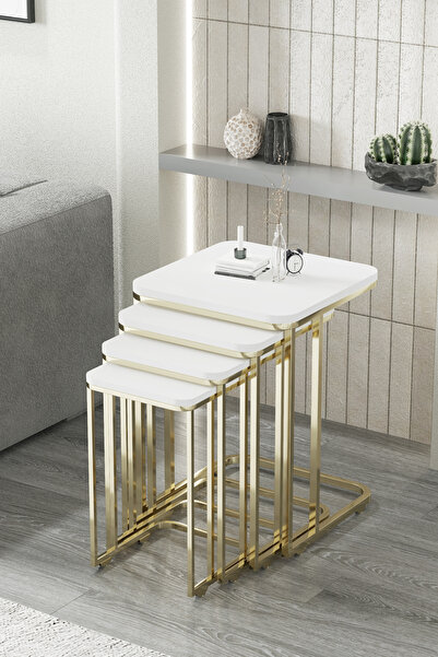 FAYMEND Tekerlekli 4 Lü Zigon Sehpa - Yan sehpa  ( GOLD - BEYAZ ) MDF