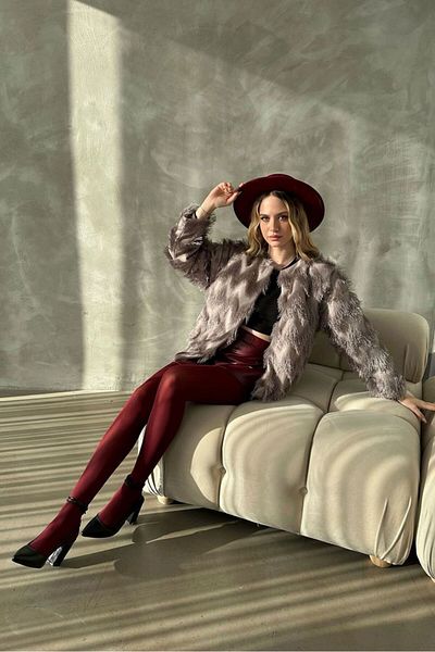 Özyuvam Gray Women's Topshow Faux Fur Jacket Coat - Tassel Detailed