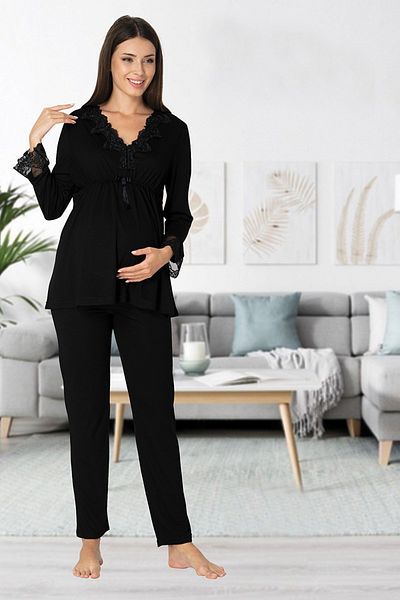 Pelin Women's Black Lace Long Sleeve Maternity Maternity 3-Piece Pajamas Set