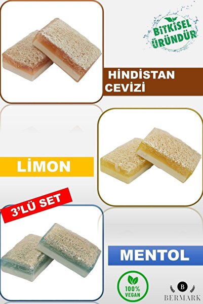 bermark مجموعة صابون مكونة من 3 قطع مصنوعة يدويًا من ألياف اليقطين الطبيعية وجوز الهند والليمون والمنثول