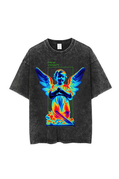 Touz Moda Πλένεται Angel Printed Unisex Oversize Vintage T-shirt