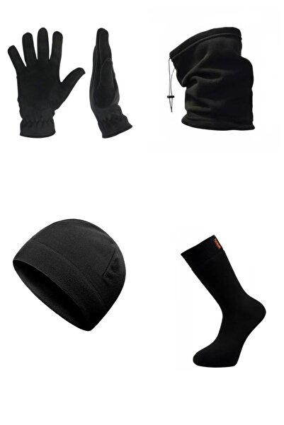 Tutku Unisex Siyah Termal Kışlık Kaliteli Polar Eldiven-şapka-boyunluk-termal çorap set